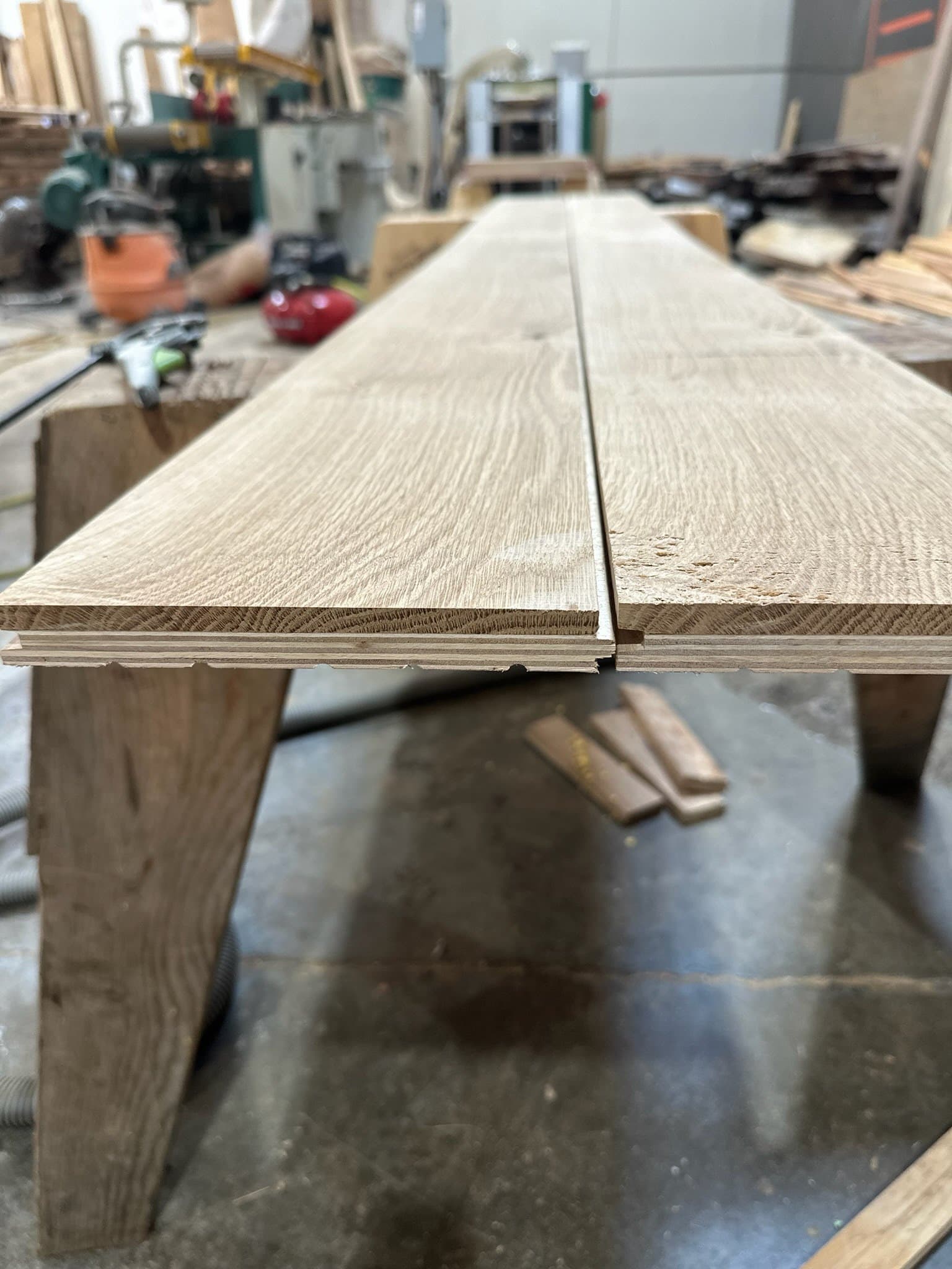 Close-up of finished white oak flooring boards